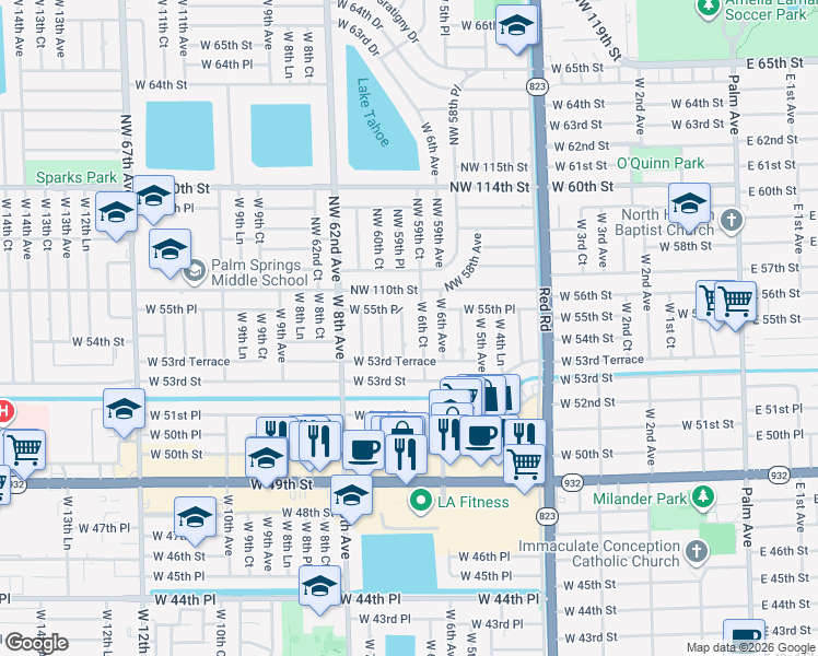 map of restaurants, bars, coffee shops, grocery stores, and more near 5430 West 6th Lane in Hialeah