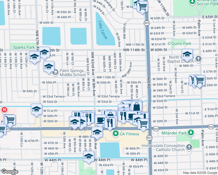 map of restaurants, bars, coffee shops, grocery stores, and more near 5352-5498 West 6th Lane in Hialeah