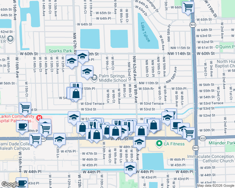 map of restaurants, bars, coffee shops, grocery stores, and more near 5431 West 9th Avenue in Hialeah
