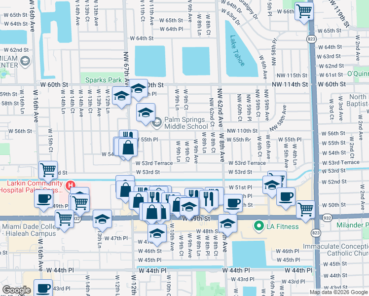 map of restaurants, bars, coffee shops, grocery stores, and more near 5431 West 9th Lane in Hialeah