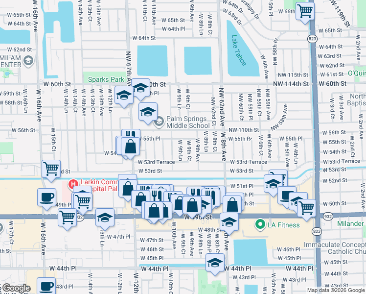 map of restaurants, bars, coffee shops, grocery stores, and more near 5431 West 9th Lane in Hialeah