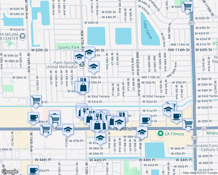 map of restaurants, bars, coffee shops, grocery stores, and more near 5431 West 10th Court in Hialeah