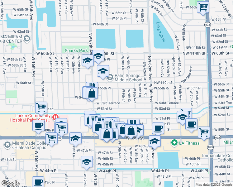 map of restaurants, bars, coffee shops, grocery stores, and more near 5431 West 10th Court in Hialeah