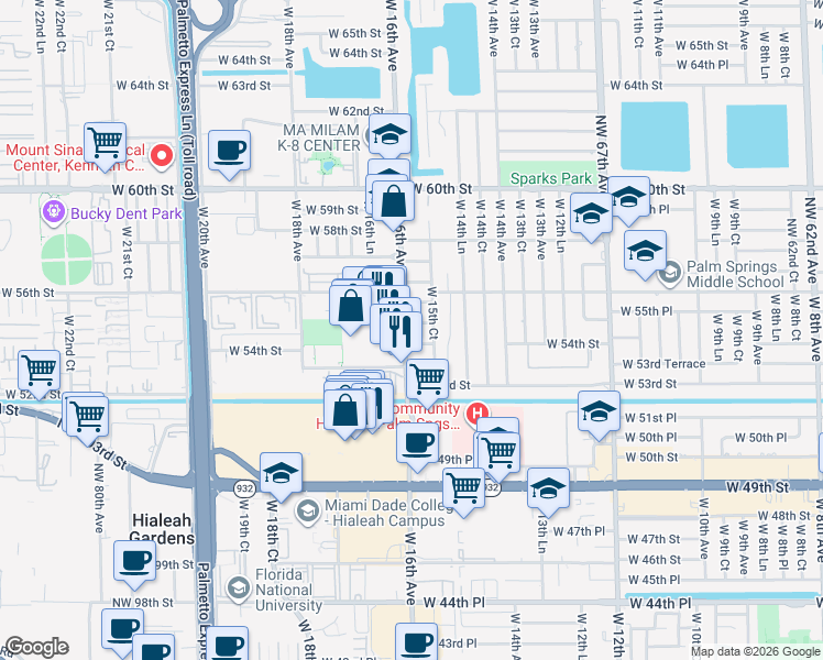 map of restaurants, bars, coffee shops, grocery stores, and more near 1580 West 55th Street in Hialeah