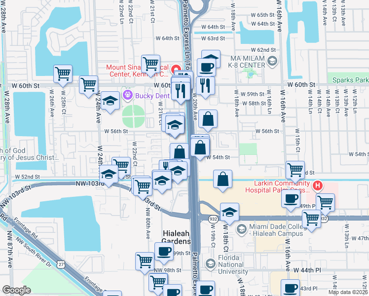map of restaurants, bars, coffee shops, grocery stores, and more near 5400 West 20th Avenue in Hialeah
