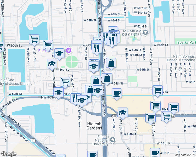 map of restaurants, bars, coffee shops, grocery stores, and more near 5400 West 20th Avenue in Hialeah