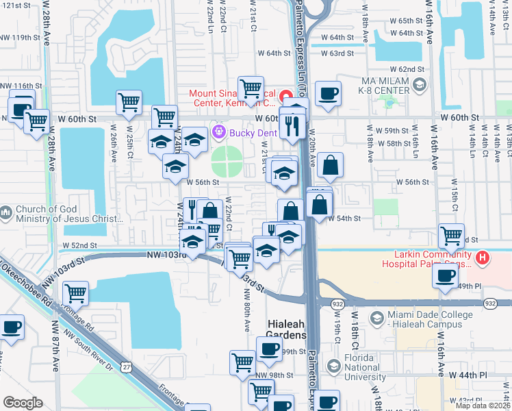 map of restaurants, bars, coffee shops, grocery stores, and more near 5460 West 21st Court in Hialeah