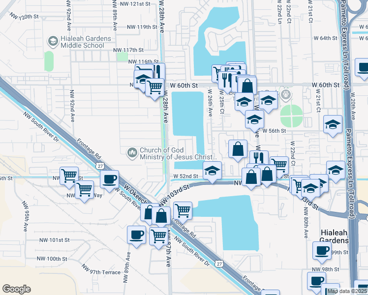 map of restaurants, bars, coffee shops, grocery stores, and more near 5462 West 27th Avenue in Hialeah