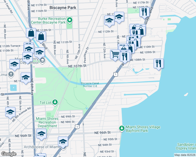 map of restaurants, bars, coffee shops, grocery stores, and more near 10603 Northeast 11th Avenue in Miami Shores