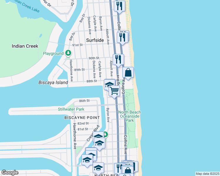 map of restaurants, bars, coffee shops, grocery stores, and more near 8675 Byron Avenue in Miami Beach