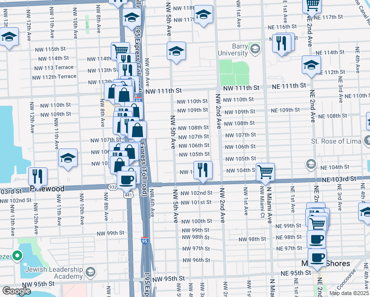 map of restaurants, bars, coffee shops, grocery stores, and more near 410 Northwest 106th Street in Miami
