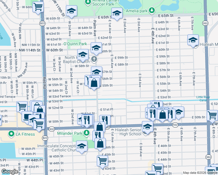 map of restaurants, bars, coffee shops, grocery stores, and more near 80 E 55th St in Hialeah