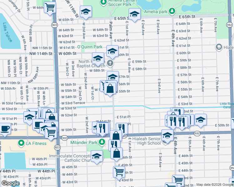 map of restaurants, bars, coffee shops, grocery stores, and more near 5485 Palm Avenue in Hialeah