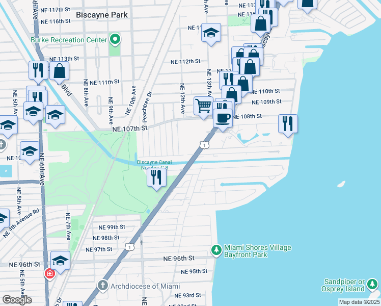 map of restaurants, bars, coffee shops, grocery stores, and more near 1175 Northeast 105th Street in Miami Shores