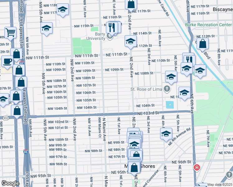map of restaurants, bars, coffee shops, grocery stores, and more near 90 Northeast 106th Street in Miami Shores