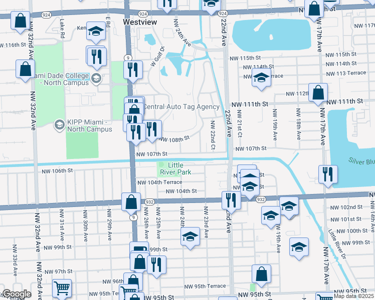 map of restaurants, bars, coffee shops, grocery stores, and more near 2351 Northwest 107th Street in Miami