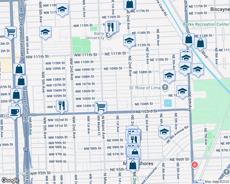map of restaurants, bars, coffee shops, grocery stores, and more near 90 Northeast 106th Street in Miami Shores
