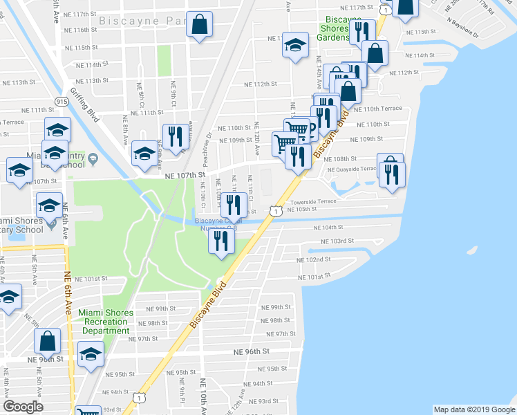 map of restaurants, bars, coffee shops, grocery stores, and more near 1175 Northeast 105th Street in Miami Shores