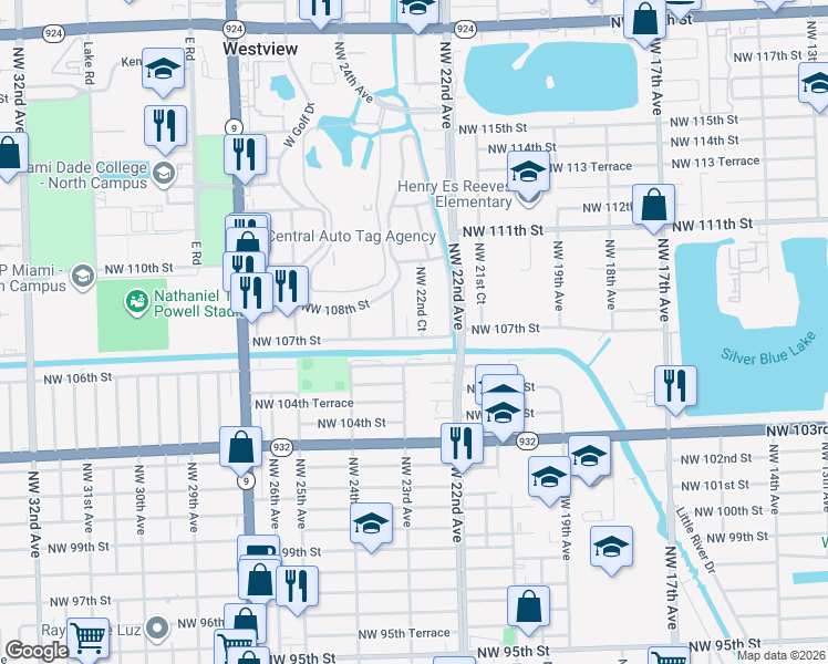 map of restaurants, bars, coffee shops, grocery stores, and more near 2255 Northwest 107th Street in Miami