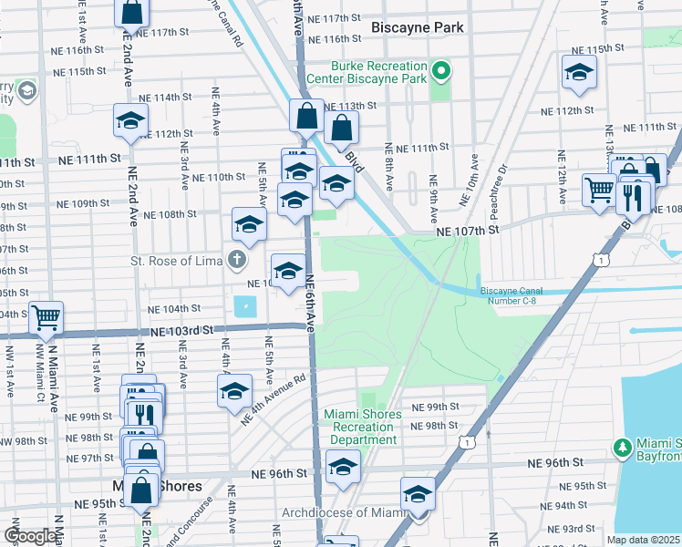 map of restaurants, bars, coffee shops, grocery stores, and more near 671 Northeast 105th Street in Miami Shores