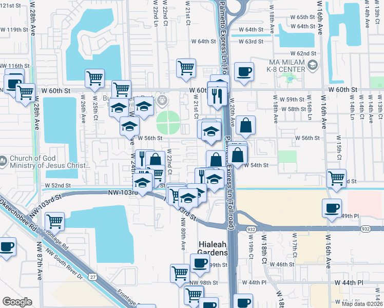 map of restaurants, bars, coffee shops, grocery stores, and more near 5460 West 21st Court in Hialeah