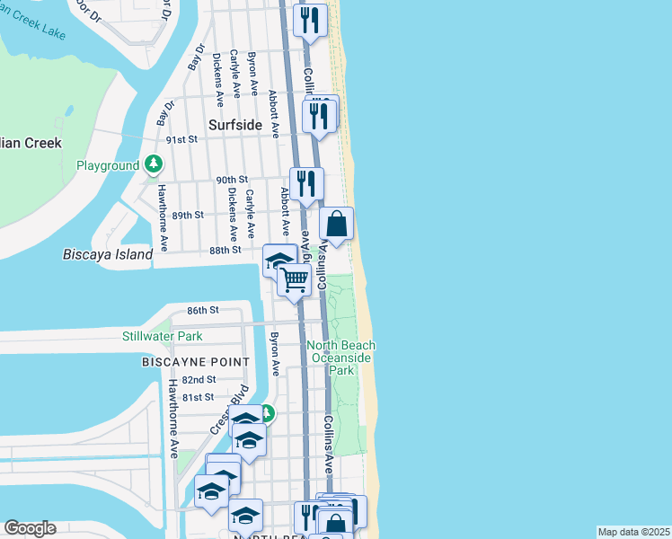 map of restaurants, bars, coffee shops, grocery stores, and more near 8701 Collins Avenue in Surfside
