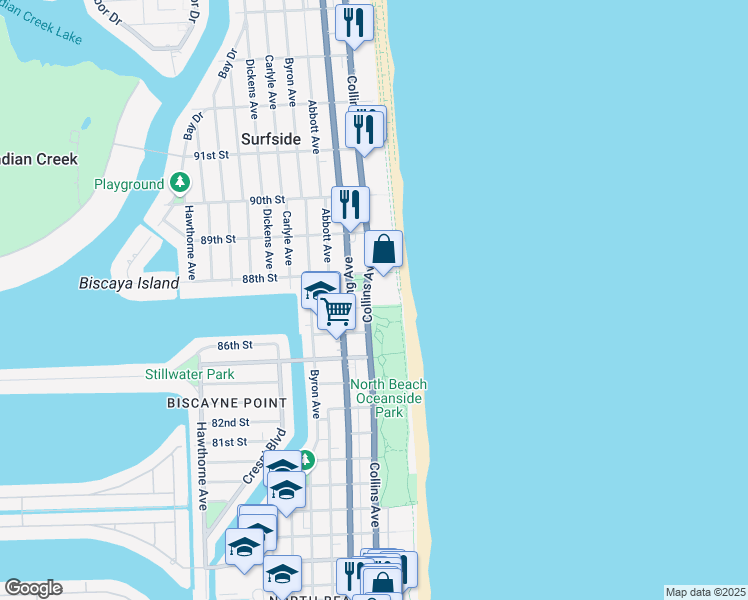 map of restaurants, bars, coffee shops, grocery stores, and more near 8701 Collins Avenue in Surfside