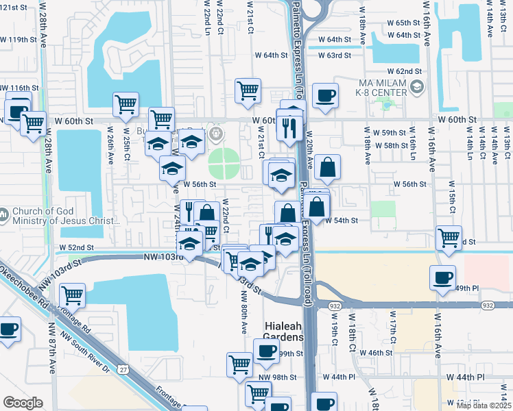 map of restaurants, bars, coffee shops, grocery stores, and more near 5460 West 21st Court in Hialeah