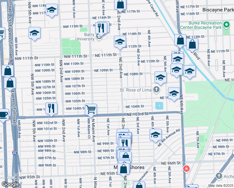 map of restaurants, bars, coffee shops, grocery stores, and more near 162 Northeast 106th Street in Miami Shores