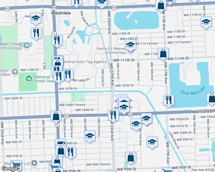 map of restaurants, bars, coffee shops, grocery stores, and more near 2225 Northwest 107th Street in Miami