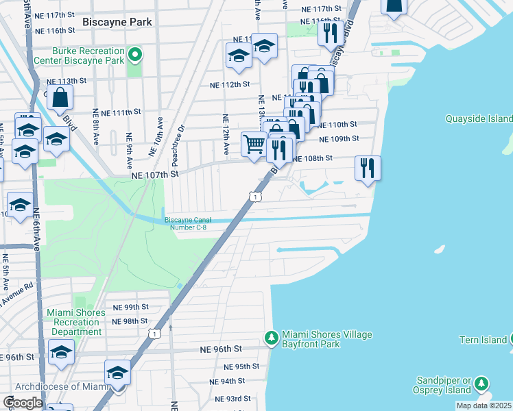 map of restaurants, bars, coffee shops, grocery stores, and more near 1277 Northeast 105th Street in Miami Shores