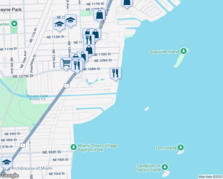map of restaurants, bars, coffee shops, grocery stores, and more near 1634 Northeast 105th Street in Miami Shores