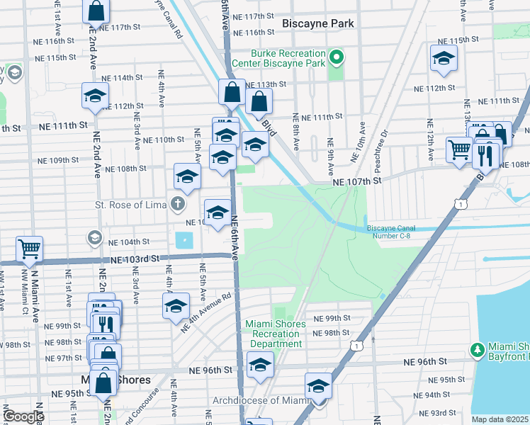 map of restaurants, bars, coffee shops, grocery stores, and more near 671 Northeast 105th Street in Miami Shores