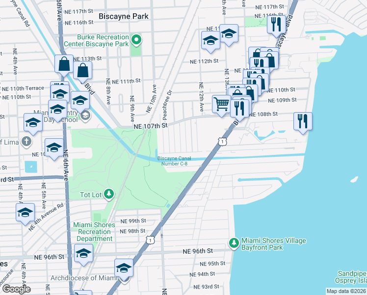 map of restaurants, bars, coffee shops, grocery stores, and more near 10603 Northeast 11th Avenue in Miami Shores