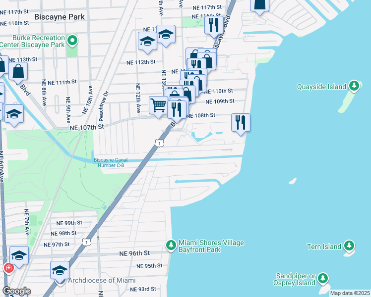 map of restaurants, bars, coffee shops, grocery stores, and more near 1438 Northeast 105th Street in Miami Shores