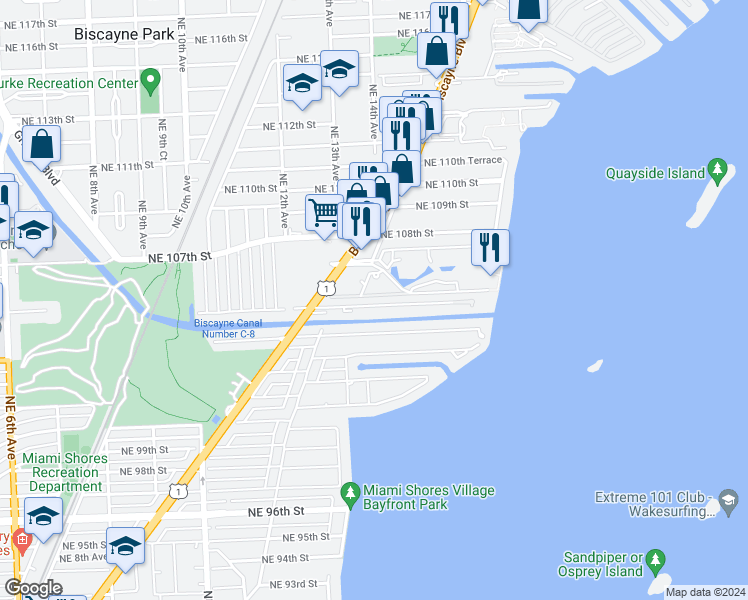 map of restaurants, bars, coffee shops, grocery stores, and more near 1319 Northeast 105th Street in Miami Shores