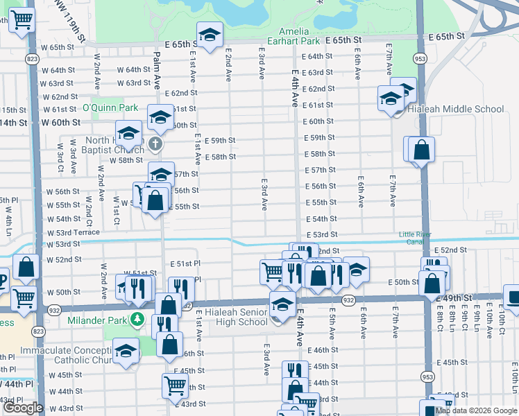 map of restaurants, bars, coffee shops, grocery stores, and more near 297 East 54th Street in Hialeah