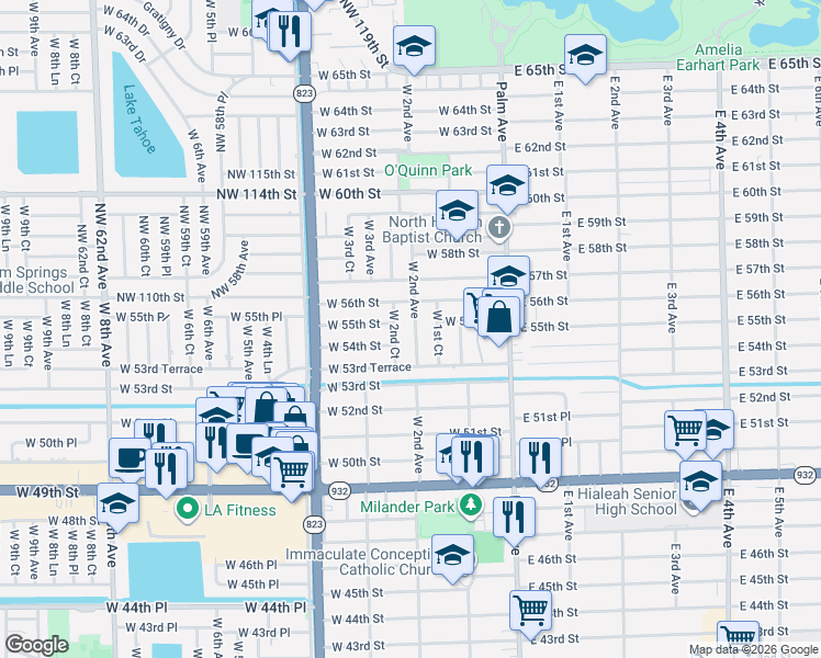 map of restaurants, bars, coffee shops, grocery stores, and more near 5451 West 2nd Court in Hialeah