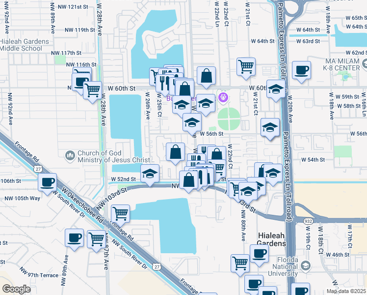 map of restaurants, bars, coffee shops, grocery stores, and more near 2461 West 54th Place in Hialeah