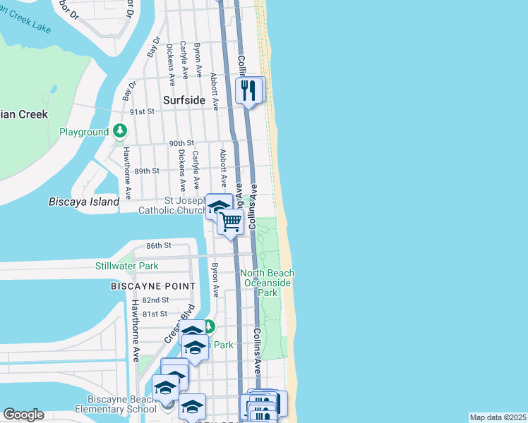 map of restaurants, bars, coffee shops, grocery stores, and more near 8701 Collins Avenue in Surfside