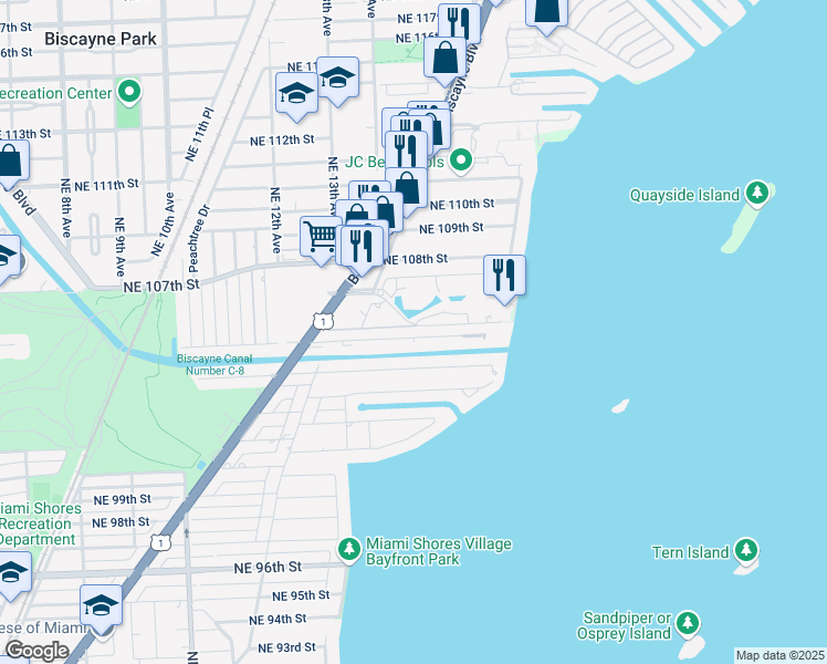 map of restaurants, bars, coffee shops, grocery stores, and more near 1519 Northeast 105th Street in Miami Shores