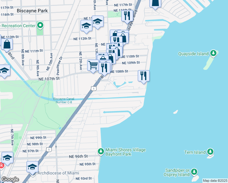 map of restaurants, bars, coffee shops, grocery stores, and more near 1438 Northeast 105th Street in Miami Shores
