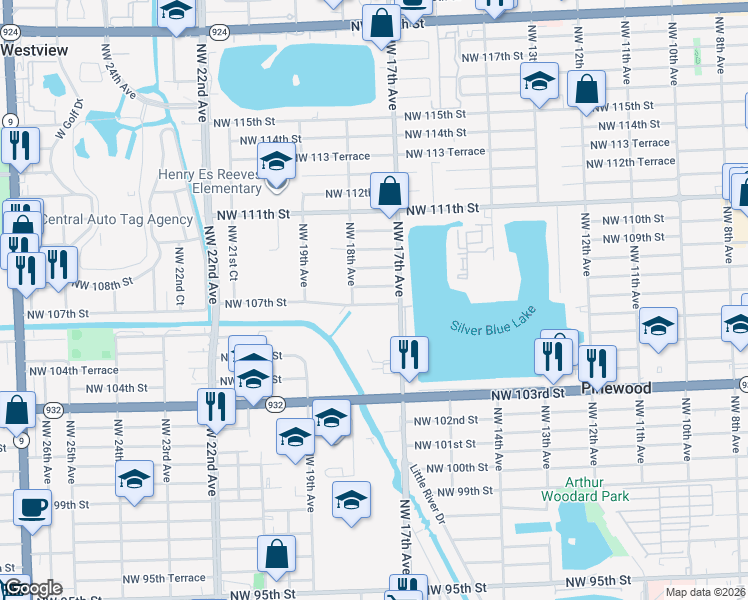 map of restaurants, bars, coffee shops, grocery stores, and more near 1745 Northwest 107th Street in Miami