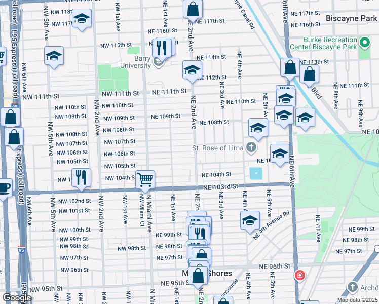 map of restaurants, bars, coffee shops, grocery stores, and more near 162 Northeast 106th Street in Miami Shores