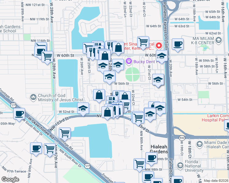 map of restaurants, bars, coffee shops, grocery stores, and more near 5451 West 24th Avenue in Hialeah