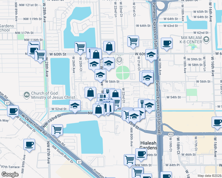 map of restaurants, bars, coffee shops, grocery stores, and more near 38 West 54th Place in Hialeah