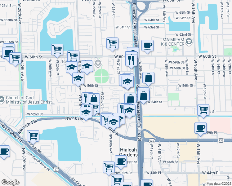 map of restaurants, bars, coffee shops, grocery stores, and more near 5460 West 21st Court in Hialeah