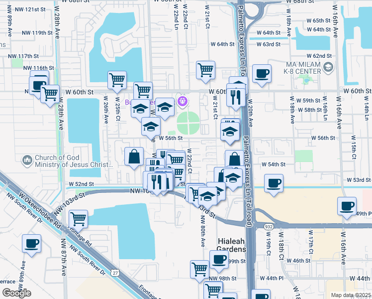 map of restaurants, bars, coffee shops, grocery stores, and more near 5401 West 22nd Court in Hialeah