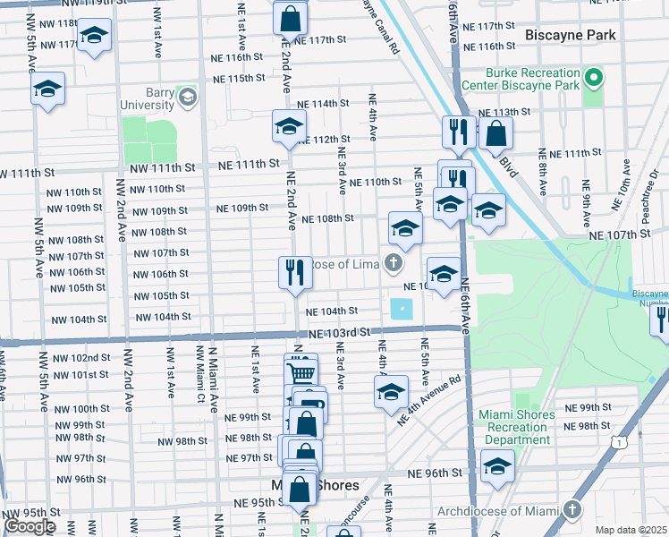 map of restaurants, bars, coffee shops, grocery stores, and more near 10518 Northeast 3rd Avenue in Miami Shores