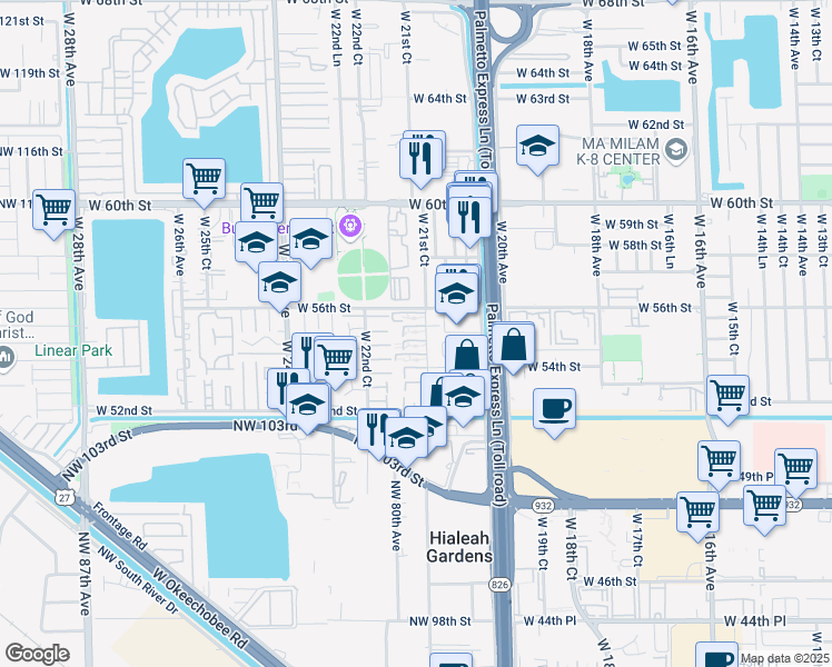 map of restaurants, bars, coffee shops, grocery stores, and more near 5460 West 21st Court in Hialeah